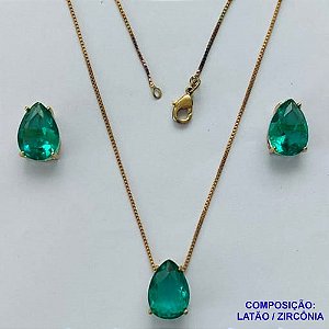 CONJUNTO NO BRUTO PRONTO PARA O BANHO - CORRENTE VENEZIANA 45CM E  PINGENTE DE  ZIRCÔNIA VERDE COM BASE EM ALTA FUSÃO E BRINCO EM ZIRCÔNIA VERDE BASE ALTA FUSÃO - TAMANHO 10X14 - PESO TOTAL 8,6GR -  BRU14230