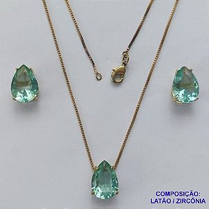 CONJUNTO NO BRUTO PRONTO PARA O BANHO - CORRENTE VENEZIANA 45CM E  PINGENTE DE  ZIRCÔNIA VERDE COM BASE EM ALTA FUSÃO E BRINCO EM ZIRCÔNIA VERDE BASE ALTA FUSÃO - TAMANHO 10X14 - PESO TOTAL 8,6GR -  BRU14240