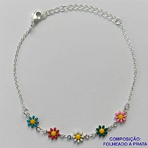 PULSEIRA FOLHEADA A PRATA COM 50 MILÉSIMOS + VERNIZ DIAMOND - PULSEIRA COM MARGARIDAS COLORIDAS - TAMANHO: 17CM + EXTENSOR E  FECHO LAGOSTA PRA171
