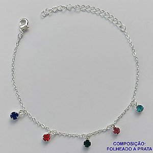 PULSEIRA FOLHEADA A PRATA COM 50 MILÉSIMOS + VERNIZ DIAMOND - PULSEIRA COM STRASS COLORIDOS - TAMANHO: 16CM + EXTENSOR E  FECHO LAGOSTA PRA172