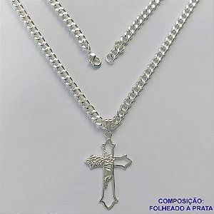 GARGANTILHA FOLHEADA A PRATA COM 80 MILÉSIMOS + VERNIZ CATAFORÉTICO - GARGANTILHA CORRENTE 60CM PINGENTE CRUCIFIXO FACE DE CRISTO 40X26MM - LARGURA 4MM E FECHO LAGOSTA PRA173