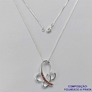 GARGANTILHA FOLHEADA A PRATA COM 50 MILÉSIMOS + VERNIZ DIAMOND- GARGANTILHA CORRENTE VENEZIANA 45CM PINGENTE BORBOLETA COM MICRO ZIRCÔNIAS LARANJA 22X18MM - FECHO LAGOSTA PRA176