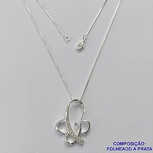GARGANTILHA FOLHEADA A PRATA COM 50 MILÉSIMOS + VERNIZ DIAMOND- GARGANTILHA CORRENTE VENEZIANA 45CM PINGENTE BORBOLETA COM MICRO ZIRCÔNIAS CRISTAL 22X18MM - FECHO LAGOSTA PRA177