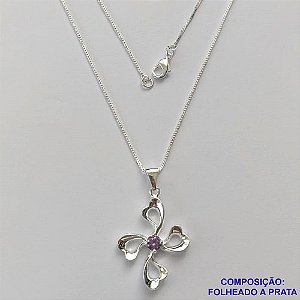 GARGANTILHA FOLHEADA A PRATA COM 50 MILÉSIMOS + VERNIZ DIAMOND- GARGANTILHA CORRENTE VENEZIANA 45CM PINGENTE FLOR ZIRCÔNIAS LILÁS 15MM - FECHO LAGOSTA PRA179