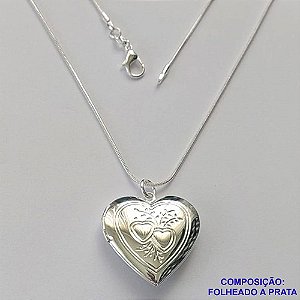 GARGANTILHA FOLHEADA A PRATA COM 50 MILÉSIMOS + VERNIZ DIAMOND- GARGANTILHA CORRENTE RABO DE RATO 40CM PINGENTE RELICÁRIO CORAÇÃO DESENHADO 25MM - FECHO LAGOSTA PRA183
