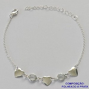 PULSEIRA FOLHEADA A PRATA COM 50 MILÉSIMOS + VERNIZ DIAMOND - PULSEIRA CORAÇÃO LISO E PEDRA CRISTAL - TAMANHO: 16CM + EXTENSOR E  FECHO LAGOSTA PRA185