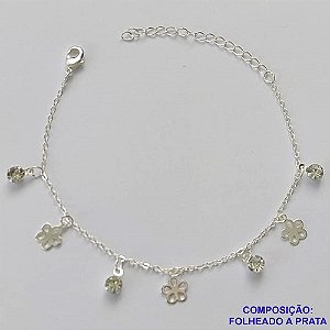 PULSEIRA FOLHEADA A PRATA COM 50 MILÉSIMOS + VERNIZ DIAMOND - PULSEIRA COM FLORES  E STRASS - TAMANHO: 16CM + EXTENSOR E  FECHO LAGOSTA PRA187