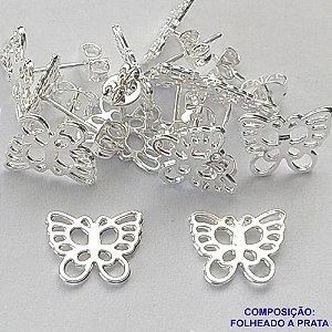 BRINCO FOLHEADA A PRATA COM 50 MILÉSIMOS + VERNIZ DIAMOND - BRINCO BORBOLETA VAZADA 11MM PRA189