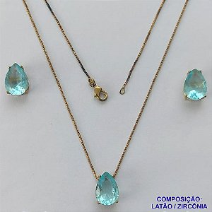 CONJUNTO NO BRUTO PRONTO PARA O BANHO - CORRENTE VENEZIANA 45CM E  PINGENTE DE  ZIRCÔNIA AZUL CLARA COM BASE EM ALTA FUSÃO E BRINCO EM ZIRCÔNIA AZUL CLARA  BASE ALTA FUSÃO - TAMANHO 10X14 - PESO TOTAL 8,6GR -  BRU14252