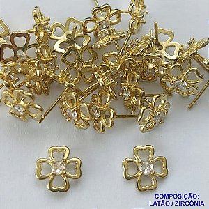 BRINCO NO BRUTO PRONTO PARA O BANHO (CX109)(BX001208W) - BRINCO DE PINO TREVO VAZADO COM MICRO ZIRCÔNIA CRISTAL - TAMANHO 10MM - PESO TOTAL DO PAR 1.3GR -  BRU14260