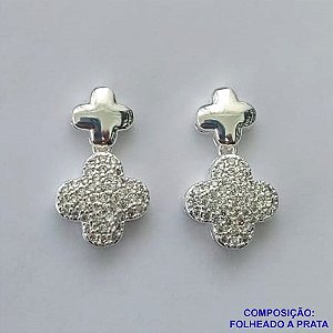 BRINCO FOLHEADO A PRATA - BRINCO DE PINO VAN CLEEF CRAVEJADOS EM MICROS ZIRCÔNIAS - PRA190