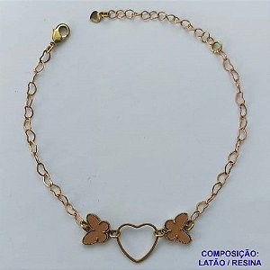 PULSEIRA NO BRUTO PRONTO PARA O BANHO - PULSEIRA COM CORRENTE 18CM + EXTENSOR COM PINGENTE TIPO VAN CLEEF BORBOLETA MARROM E CORAÇÃO VAZADO 10MM - PESO TOTAL 2,3GR - COMPOSIÇÃO: LATÃO / RESINA - BRU14296
