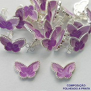BRINCO FOLHEADO A PRATA COM 50 MILÉSIMOS + VERNIZ DIAMOND - BRINCO DE PINO BORBOLETA ROXA 8MM PRA193