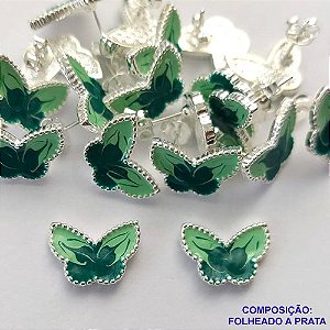 BRINCO FOLHEADO A PRATA COM 50 MILÉSIMOS + VERNIZ DIAMOND - BRINCO DE PINO BORBOLETA VERDE 8MM PRA194