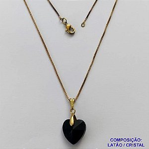 GARGANTILHA NO BRUTO PRONTA PARA O BANHO - (CX111) CORRENTE VENEZIANA DE 45CM PINGENTE FORMATO CORAÇÃO CRISTAL AUSTRÍACO PRETO 13MM  - PESO TOTAL 2,0GR  BRU14307