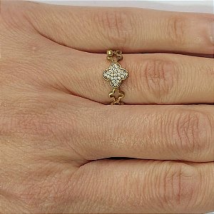 ANEL NO BRUTO PRONTO PARA O BANHO(CX111) - ANEL COM  PEDRA DE MICRO ZIRCÔNIAS VAN CLEEF E VAZADOS  - PESO MEDIO 1,6GR - COMPOSIÇÃO: LATÃO / ZIRCÔNIA - ANEL000423