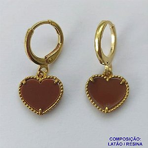 BRINCO NO BRUTO PRONTO PARA O BANHO - BRINCO DE ARGOLINHA (TRANQUETA) COM PINGENTES TIPO VAN CLEEF MARROM CORAÇÃO 10MM - PESO TOTAL 1,4GR - BRU14316