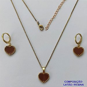 CONJUNTO NO BRUTO PRONTO PARA O BANHO - GARGANTILHA CORRENTE VENEZIANA  45CM COM PINGENTES TIPO VAN CLEEF MARROM CORAÇÃO 10MM + BRINCO DE ARGOLINHA (TRANQUETA) VAN CLEEFF MARROM CORAÇÃO 10MM - PESO TOTAL 4,3GR + EXTENSOR - BRU14318