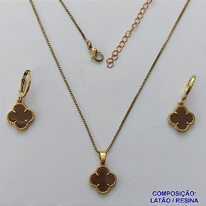 CONJUNTO NO BRUTO PRONTO PARA O BANHO - GARGANTILHA CORRENTE VENEZIANA  45CM COM PINGENTES TIPO VAN CLEEF MARROM 10MM + BRINCO DE ARGOLINHA (TRANQUETA) VAN CLEEFF MARROM 10MM - PESO TOTAL 4,3GR + EXTENSOR - BRU14321