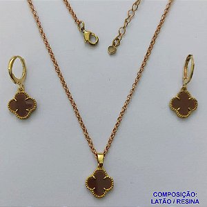 CONJUNTO NO BRUTO PRONTO PARA O BANHO - GARGANTILHA CORRENTE ELLO PORTUGUÊS 45CM COM PINGENTES TIPO VAN CLEEF MARROM CORAÇÃO 10MM + BRINCO DE ARGOLINHA (TRANQUETA) VAN CLEEFF MARROM 10MM - PESO TOTAL 5,3GR + EXTENSOR - BRU14323
