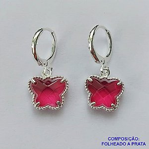 BRINCO FOLHEADO A PRATA COM 50 MILÉSIMOS + VERNIZ DIAMOND - BRINCO ARGOLINHA DE PRESSÃO (TRANQUETA) TIPO VAN CLEEF BORBOLETA ROSA VIDRO 10MM PRA203