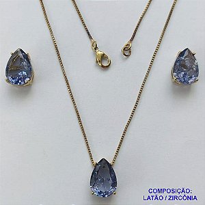 CONJUNTO NO BRUTO PRONTO PARA O BANHO - CORRENTE VENEZIANA 45CM E PINGENTE DE ZIRCÔNIA LILÁS COM BASE EM ALTA FUSÃO E BRINCO EM ZIRCÔNIA LILÁS BASE ALTA FUSÃO - TAMANHO 10X14MM - PESO TOTAL 8,6GR -  BRU14328