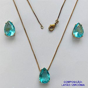 CONJUNTO NO BRUTO PRONTO PARA O BANHO - CORRENTE VENEZIANA 45CM E PINGENTE DE ZIRCÔNIA AZUL CLARO COM BASE EM ALTA FUSÃO E BRINCO EM ZIRCÔNIA AZUL CLARO BASE ALTA FUSÃO - TAMANHO 10X14MM - PESO TOTAL 8,6GR -  BRU14329