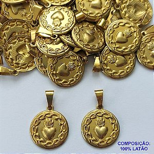 PINGENTE NO BRUTO PRONTO PARA O BANHO - (CX.50)  PINGENTE MEDALHA RENDONDA COM CORAÇÃO 15MM - PESO TOTAL 1,2GR -  BRU14330