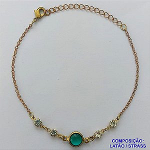 PULSEIRA NO BRUTO PRONTA PARA O BANHO - ( CX.14)  PULSEIRA COM STRASS E ACRÍLICO VERDE - TAMANHO: 17CM + EXTENSOR E FECHO LAGOSTA - PESO TOTAL 1,3GR - COMPOSIÇÃO: LATÃO / ACRÍLICO - BRU14337