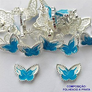 BRINCO FOLHEADO A PRATA COM 50 MILÉSIMOS + VERNIZ DIAMOND - BRINCO DE PINO BORBOLETA AZUL 8MM PRA210