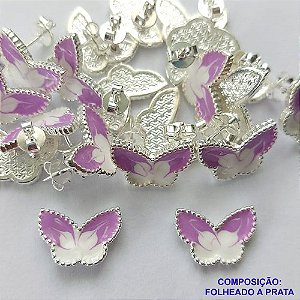 BRINCO FOLHEADO A PRATA COM 50 MILÉSIMOS + VERNIZ DIAMOND - BRINCO DE PINO BORBOLETA LILÁS COM BRANCA 8MM PRA209