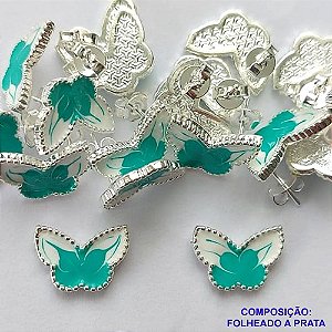 BRINCO FOLHEADO A PRATA COM 50 MILÉSIMOS + VERNIZ DIAMOND - BRINCO DE PINO BORBOLETA VERDE COM BRANCA 8MM PRA208