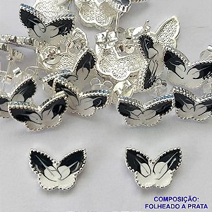 BRINCO FOLHEADO A PRATA COM 50 MILÉSIMOS + VERNIZ DIAMOND - BRINCO DE PINO BORBOLETA PRETA COM BRANCA 8MM PRA212