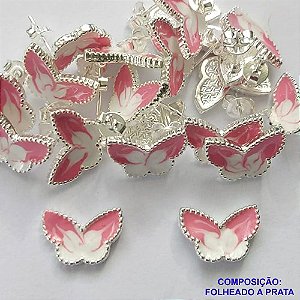 BRINCO FOLHEADO A PRATA COM 50 MILÉSIMOS + VERNIZ DIAMOND - BRINCO DE PINO BORBOLETA ROSA COM BRANCA 8MM PRA213
