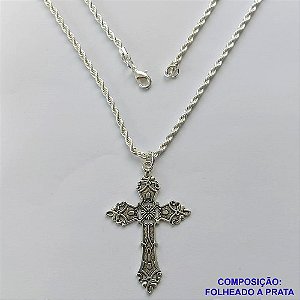 GARGANTILHA FOLHEADA A PRATA COM 80 MILÉSIMOS + VERNIZ CATAFORÉTICO - GARGANTILHA CORRENTE CORDÃO BAIANO 50CM PINGENTE CRUCIFIXO PRATA ENVELHECIDA 36X50MM - LARGURA 2MM E FECHO LAGOSTA PRA214