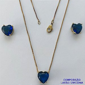 CONJUNTO NO BRUTO PRONTO PARA O BANHO - CORRENTE VENEZIANA 45CM E PINGENTE E BRINCOS COM BASE EM ALTA FUSÃO E ZIRCÔNIAS CORAÇÃO AZUL ESCURO - TAMANHO 10MM - PESO TOTAL 6GR -  BRU14348
