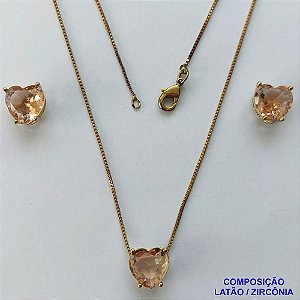 CONJUNTO NO BRUTO PRONTO PARA O BANHO - CORRENTE VENEZIANA 45CM E PINGENTE E BRINCOS COM BASE EM ALTA FUSÃO E ZIRCÔNIAS CORAÇÃO BEGE - TAMANHO 10X10MM - PESO TOTAL 6GR -  BRU14349