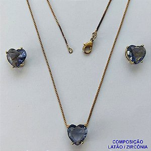 CONJUNTO NO BRUTO PRONTO PARA O BANHO - CORRENTE VENEZIANA 45CM E PINGENTE E BRINCOS COM BASE EM ALTA FUSÃO E ZIRCÔNIAS CORAÇÃO LILÁS - TAMANHO 10X10MM - PESO TOTAL 6GR -  BRU14350