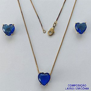 CONJUNTO NO BRUTO PRONTO PARA O BANHO - CORRENTE VENEZIANA 45CM E PINGENTE E BRINCOS COM BASE EM ALTA FUSÃO E ZIRCÔNIAS CORAÇÃO AZUL TURQUESA - TAMANHO 10X10MM - PESO TOTAL 6GR -  BRU14351