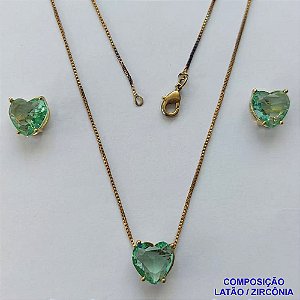 CONJUNTO NO BRUTO PRONTO PARA O BANHO - CORRENTE VENEZIANA 45CM E PINGENTE E BRINCOS COM BASE EM ALTA FUSÃO E ZIRCÔNIAS CORAÇÃO VERDE CLARO - TAMANHO 10X10MM - PESO TOTAL 6GR -  BRU14352