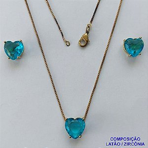 CONJUNTO NO BRUTO PRONTO PARA O BANHO - CORRENTE VENEZIANA 45CM E PINGENTE E BRINCOS COM BASE EM ALTA FUSÃO E ZIRCÔNIAS CORAÇÃO AZUL - TAMANHO 10X10MM - PESO TOTAL 6GR -  BRU14353