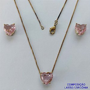CONJUNTO NO BRUTO PRONTO PARA O BANHO - CORRENTE VENEZIANA 45CM E PINGENTE E BRINCOS COM BASE EM ALTA FUSÃO E ZIRCÔNIAS CORAÇÃO ROSA - TAMANHO 10X10MM - PESO TOTAL 6GR -  BRU14354