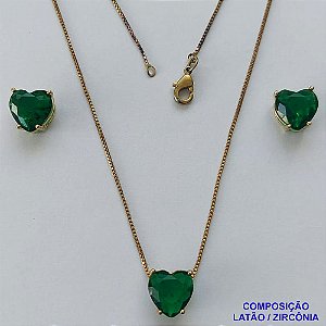 CONJUNTO NO BRUTO PRONTO PARA O BANHO - CORRENTE VENEZIANA 45CM E PINGENTE E BRINCOS COM BASE EM ALTA FUSÃO E ZIRCÔNIAS CORAÇÃO VERDE ESCURO - TAMANHO 10X10MM - PESO TOTAL 6GR -  BRU14355