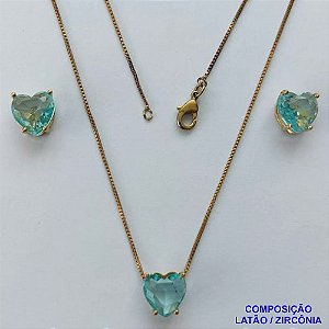 CONJUNTO NO BRUTO PRONTO PARA O BANHO - CORRENTE VENEZIANA 45CM E PINGENTE E BRINCOS COM BASE EM ALTA FUSÃO E ZIRCÔNIAS CORAÇÃO AZUL CLARO - TAMANHO 10X10MM - PESO TOTAL 6GR -  BRU14357
