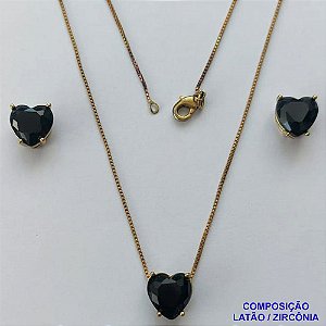 CONJUNTO NO BRUTO PRONTO PARA O BANHO - CORRENTE VENEZIANA 45CM E PINGENTE E BRINCOS COM BASE EM ALTA FUSÃO E ZIRCÔNIAS CORAÇÃO PRETO - TAMANHO 10X10MM - PESO TOTAL 6GR -  BRU14358