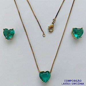 CONJUNTO NO BRUTO PRONTO PARA O BANHO - CORRENTE VENEZIANA 45CM E PINGENTE E BRINCOS COM BASE EM ALTA FUSÃO E ZIRCÔNIAS CORAÇÃO VERDE - TAMANHO 10X10MM - PESO TOTAL 6GR -  BRU14359