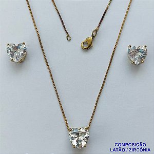CONJUNTO NO BRUTO PRONTO PARA O BANHO - CORRENTE VENEZIANA 45CM E PINGENTE E BRINCOS COM BASE EM ALTA FUSÃO E ZIRCÔNIAS CORAÇÃO CRISTAL - TAMANHO 10X10MM - PESO TOTAL 6GR -  BRU14360