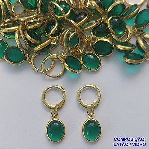 BRINCO NO BRUTO PRONTO BANHO - BRINCO ARGOLINHA DE PRESSÃO (TRANQUETA) COM PINGENTE EM GOTA VERDE 13MM - PESO TOTAL 2,3GR - BRU14362