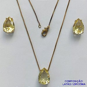 CONJUNTO NO BRUTO PRONTO PARA O BANHO - CORRENTE VENEZIANA 45CM E PINGENTE E BRINCOS COM BASE EM ALTA FUSÃO E ZIRCÔNIAS AMARELA 10X14MM - PESO TOTAL 8,6GR -  BRU14368