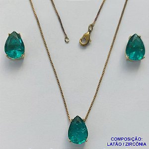 CONJUNTO NO BRUTO PRONTO PARA O BANHO - CORRENTE VENEZIANA 45CM E PINGENTE E BRINCOS COM BASE EM ALTA FUSÃO E ZIRCÔNIAS VERDE 10X14MM - PESO TOTAL 8,6GR -  BRU14369